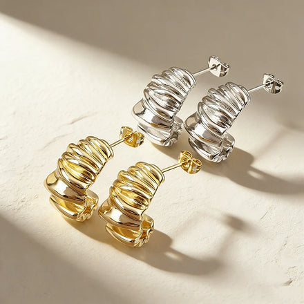 QIKU Wrinkled Twisted Stud Earrings Copper Gold Plated Jewelry for Women Perfect Gift for Anniversary Party and Daily Wear