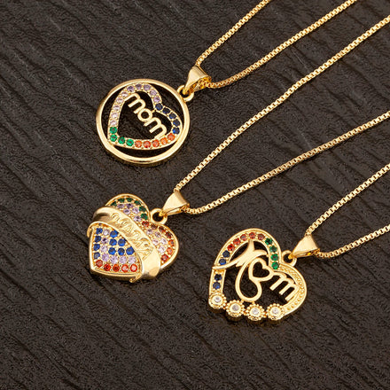QIKU Lovely Heart Pendant Necklace Copper Zircon Gold Plated Necklace Letter Mom Jewelry Perfect Gift for Women