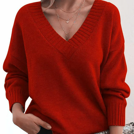2025 New European and American Style Women's Loose V-Neck Casual Versatile Pullover Knit Sweater