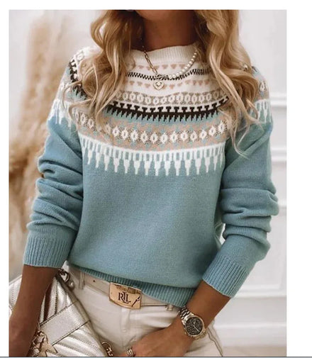 2025 New - Style European and American Women's Sweater: Crew - Neck Color - Block Loose - Fit Fashionable Pullover Knitwear