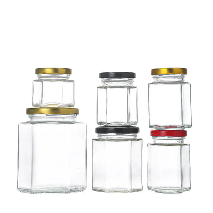 Clear Hexagonal Glass Jar for Sauce Honey and Jam 45ml-730ml with Screw Cap and Screen Printed Lid