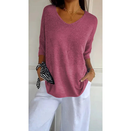 European and American Knitwear: Casual Basic Slim-Fit V-Neck Three-Quarter Sleeve Solid-Color Women's Knitted Base Layer Top