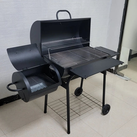 Modern Premium Steel Trolley Two Barrel Offset Charcoal Grill with Powder Coated Finish 2-in-1 Smokehouse & Remote Control