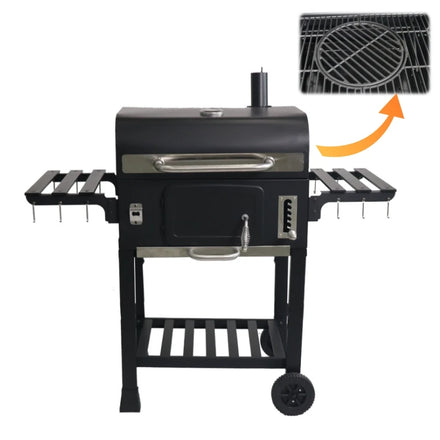 American Heavy Duty Steel Powder Coated Charcoal Smoker Grill with Cast Iron Grate Trolley & Folding Design for Garden Use