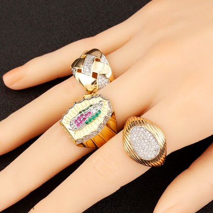 QIKU Wholesale Gold Plated Zircon Gemstone Diamond Ring Fashion Jewelry Classic Style Copper for Women Men's Church Wear