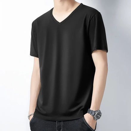 OEM Custom Logo Embroidery Print Short-sleeved Men Slim and Versatile Solid Color Breathable Cotton V-neck Bottoming T Shirt