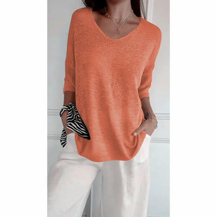 European and American Knitwear: Casual Basic Slim-Fit V-Neck Three-Quarter Sleeve Solid-Color Women's Knitted Base Layer Top