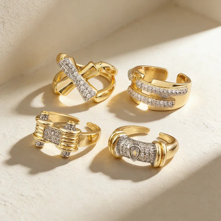 QIKU Luxury Gold Plated Statement Fashion Rings Set Wholesale Shiny Copper Jewelry for Women's Daily Wear