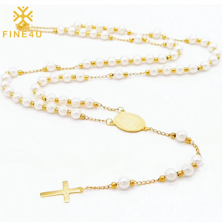 Non Tarnish Pearl Beaded Gold Plated Stainless Steel Virgin Mary Rosary Necklace Lady De Guadalupe Christ Gold Rosary Necklace