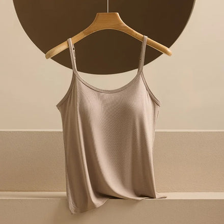 Women's Modal Ribbed Cami Top with Built-in Bra Adjustable Straps Plus Size Seamless Backless Tank for Layering or Outerwear