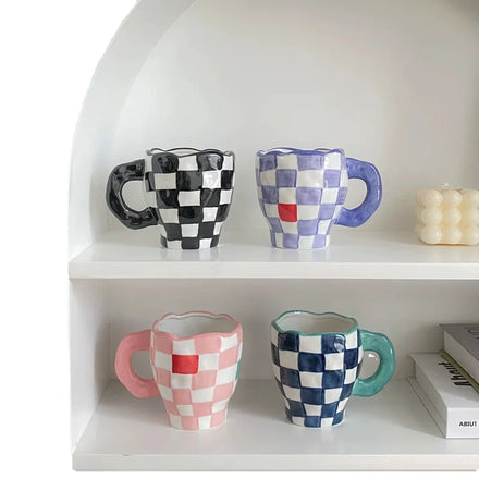 Modern 250ml Ceramic Water Cup Creative Hand-Painted Cloud Purple Checkerboard Design for Parties and Gifts