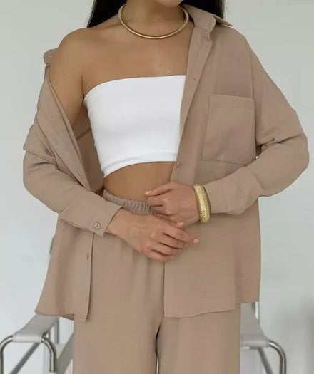 2025 Women's Solid-Color Cardigan with Pockets & Casual Wide-Leg Pants Set Fashion Women's Clothing