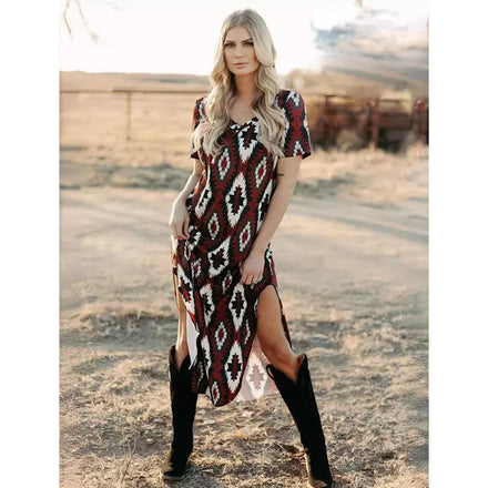 2025 Summer Women's Woven Diamond-Patterned Polyester/Cotton Sheath Dress-Casual V-neck Short-Sleeve Pullover for Loungewear