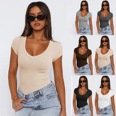 2026 Summer European American Fashion Women's Ribbed Pullover Solid Color Short Sleeve Top Knitted Anti-Pilling Hot-Selling
