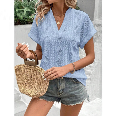 For 2025 Women's Casual Loose Knitted V-Neck Short-Sleeved Shirt European American Summer Geometric Button