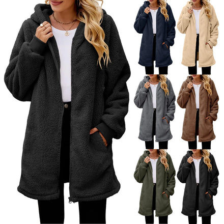 2025 European and American Winter New Arrival Women's Loose Fleece Long-Sleeve Hooded Zip-Up Cardigan Coat