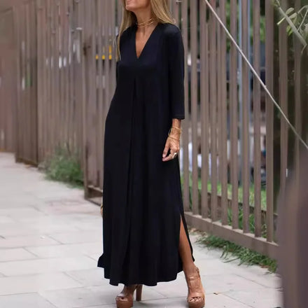 2025 New European and American Fashion Solid-Color V-Neck 3/4-Sleeve Knitted Long Split Dress One Piece Dress Women