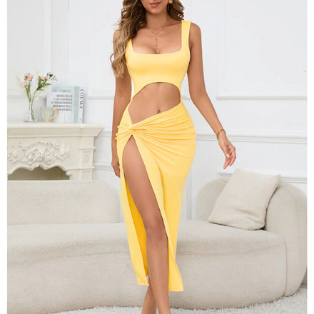 2026 Women's Long Summer Dress with Straps European American Style Wish Cross-Border Solid Color Hollow Sexy Crop Dress