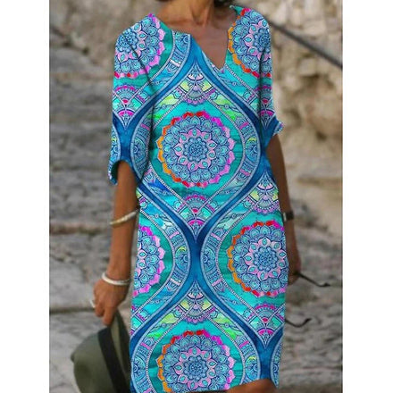 2025 Summer Digital Printed Breathable Loose Bamboo-Linen Floral Dress for Women-Retro Artistic Crew Neck 3/4 Sleeves