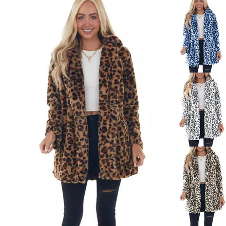 2025 Women's Elegant Faux Fur Coat European American Autumn Winter Leopard Print Long Fashionable Loose Pocketed