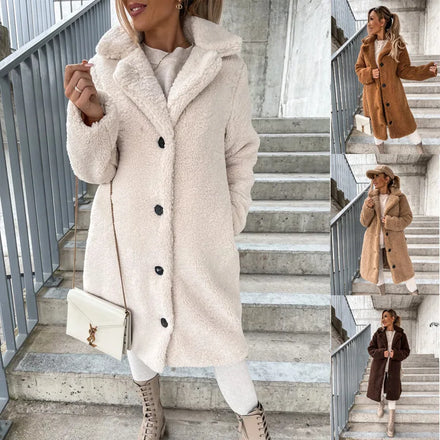 2025 Women's Plush Long Coat Autumn Winter Fashion with Turn-Down Collar Long Sleeves European American