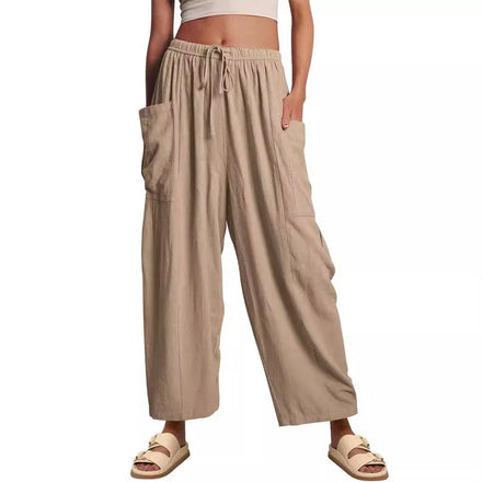 2025 for Women's Fashion Elastic Waist Pleated High Waist Wide Leg Pants Loose Casual Cotton Linen Long