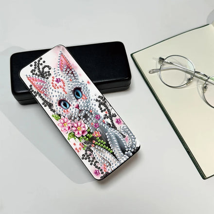 Cartoon Printed Diamond Painting Sunglasses Storage Box Eco-Friendly 5D DIY Pu Leather Square Box with Pink & Blue Cat Design