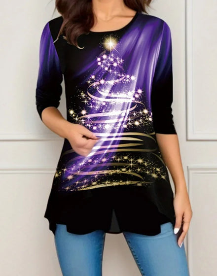 European American Women's Autumn Printed Neck Long Sleeve T-Shirt Top Casual Style Digital Printing Hot-Selling for