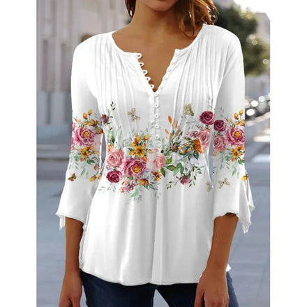 2025 European American Women's Floral Print V Neck Short-Sleeved Pleated Button T-Shirt Cross-Border Spring Summer Fashion Shirt