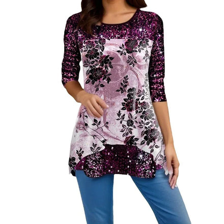 Women's Fashionable Printed Neck T-Shirts Autumn Winter Loose Long Knitted Eco-friendly Butterfly Sleeve European American Style