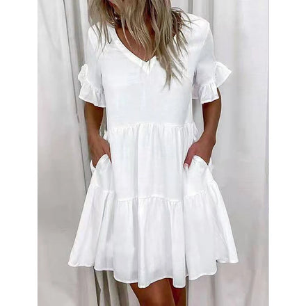 2025 European and American Women's Casual Summer Dress for AliExpress Short Printed Ruffle Pocket Knee-Length Dress