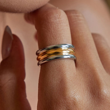J&D 18K Gold Plated Stainless Steel Minimalist Three-layer Linear Ring Classic Style for Women