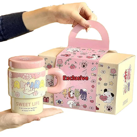 Lelyi Charming Girl's Cherry Blossom Mug Good-looking Ceramic Lid Spoon for Office Party Breakfast Cute Ins Style Coffee Cup