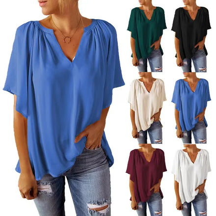 2025 European and American Summer New - Style Loose - Fit V - Neck Top Casual Women's T - Shirt Chiffon Blouse