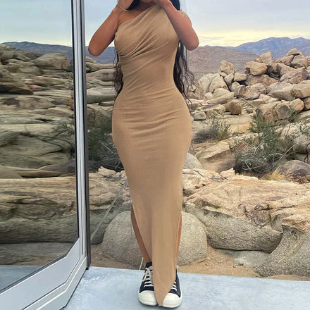 2025 Spring/Summer New Women's Solid Color Casual One-Shoulder Split Slim Long Dress