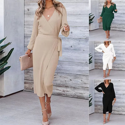 2025 Autumn Natural European and American Casual Sweet Loose V-neck Solid Knee-Length Tassel Dress for Women
