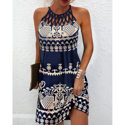 2025 New Women's Cross-Border Summer Dress European American Casual Chiffon Neck Cut Collar Slim Sleeveless Halterneck Natural