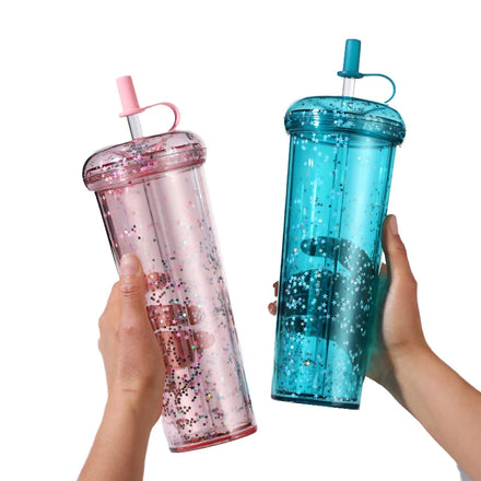 450ML Cute Glitter Shiny Plastic Tumbler with Straw Custom Reusable Double Wall for Girls Kids Direct Drinking Water Flowing