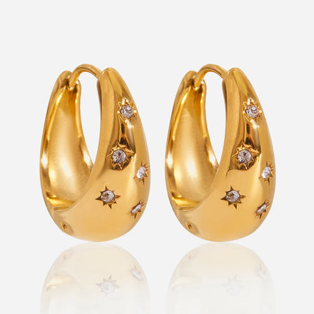 J&D Classic Design Texture Earrings 18K PVD Gold Plated Stainless Steel Daily Earring With White Diamonds