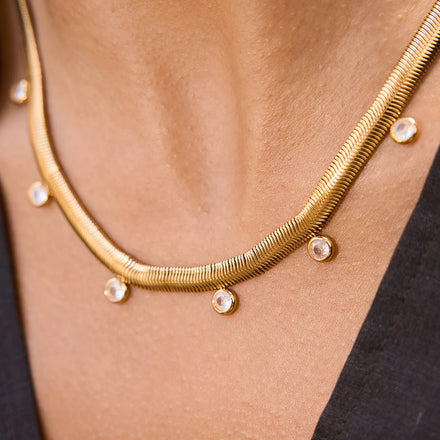 J&D 18K Gold Stainless Steel Zircon Snake Bone Chain Necklace with White Zircon Pendant 40+5CM