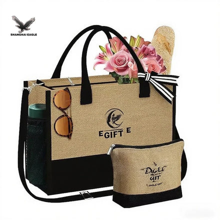 Eco-Friendly Reusable Strong Jute Bag Laminated Letter Pattern Shopping Tote with Rope Handle and Custom Logo for Gifts
