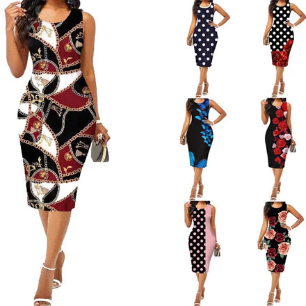 Custom OEM 2025 Elegant Bodycon Printed Summer Dress Women Sleeveless Casual Dresses ODM Factory Private Label Boutique Apparel