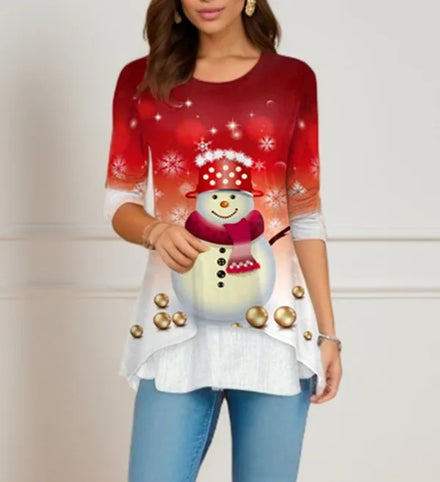 European American Women's Autumn Printed Neck Long Sleeve T-Shirt Top Casual Style Digital Printing Hot-Selling for