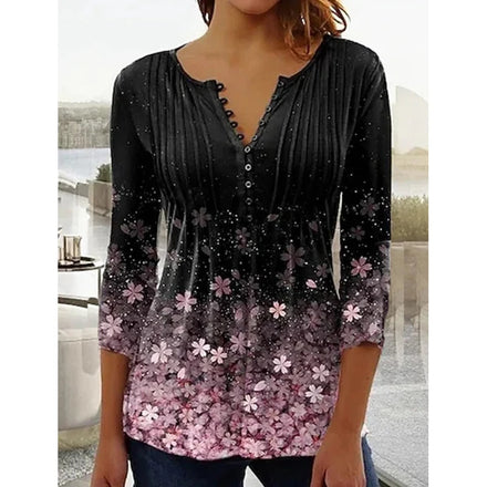 2025 European American Women's Floral Print V Neck Short-Sleeved Pleated Button T-Shirt Cross-Border Spring Summer Fashion Shirt