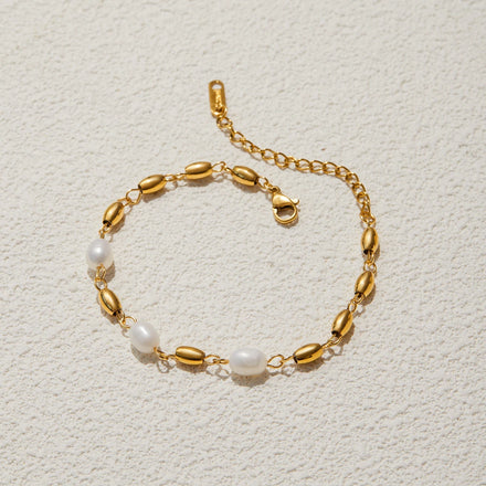 J&D Elegant Romantic 18K Gold Plated Stainless Steel Pearl Pendant Bracelet Women's Jewelry