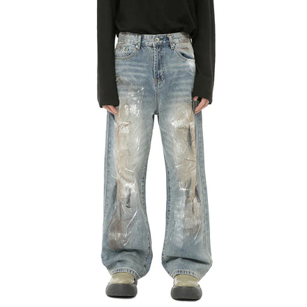 Custom Men's Digital Printing Patchwork Summer New Graffiti Jeans Distressed Washed Old Waste Straight
