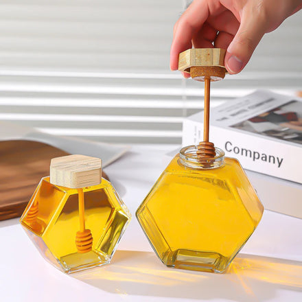 100ml 220ml 380ml Honey Glass Jar Honey Jars Glass Hexagonal Storage Container Jars Wooden Lids Wooden Stirring Stick