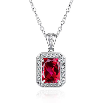 Fine Necklace Jewelry 925 Sterling Silver Rhodium Red Cubic Zirconia Gemstone Emerald Cutting Ruby Plated Pendant Necklace Women