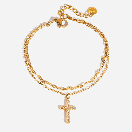 J&D Classic Minimalist Layer Chain Cross Rhinestone Pendant Bracelet Daily Wearing