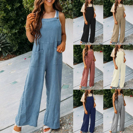 2025 Summer New Women's Casual Solid Color Pocket Square Neck Loose Strap Jumpsuit
